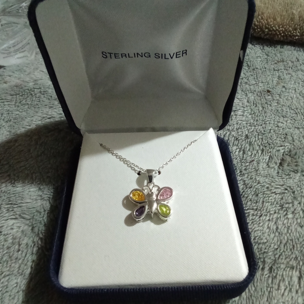 Sterling Silver Butterfly w/pink, green, yellow and purple gemstones necklace